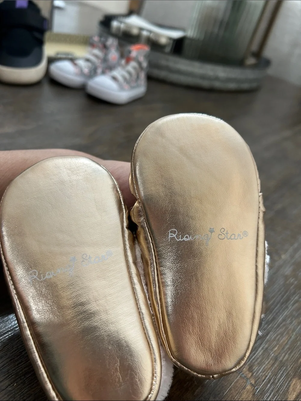 Kids Metallic Gold Cat Slippers with Pink Lining